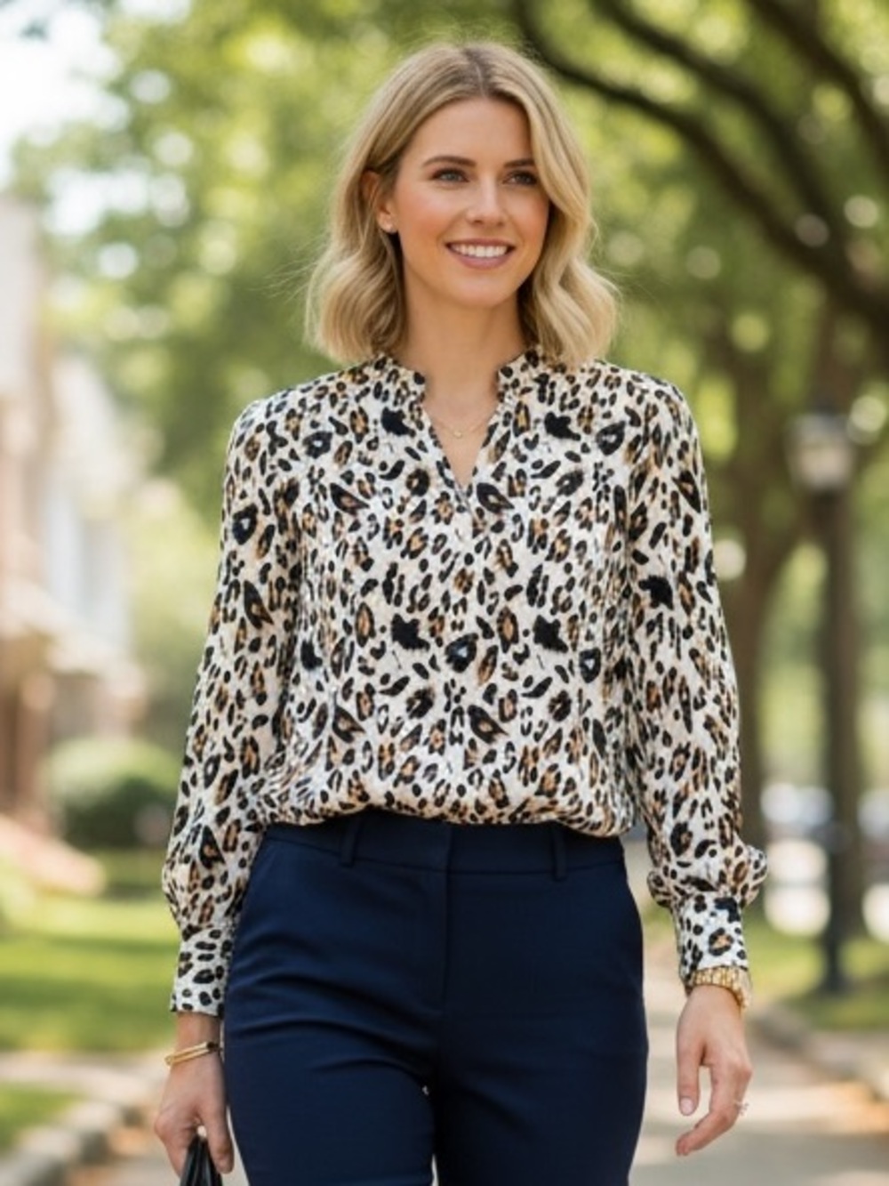 Revolve & Other Stories Leopard Animal Print Keyhole Long Sleeve Blouse Top 4 - Picture 1 of 11